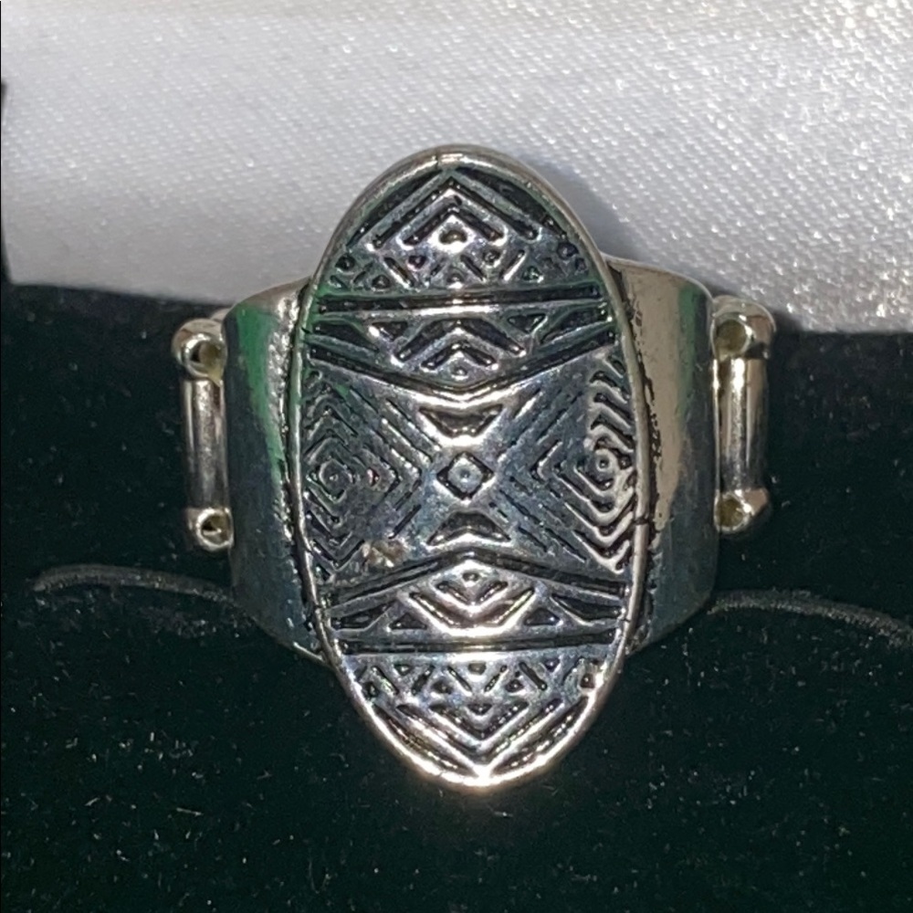 Silver Tribal Motif Ring with Intricate Geometric Design